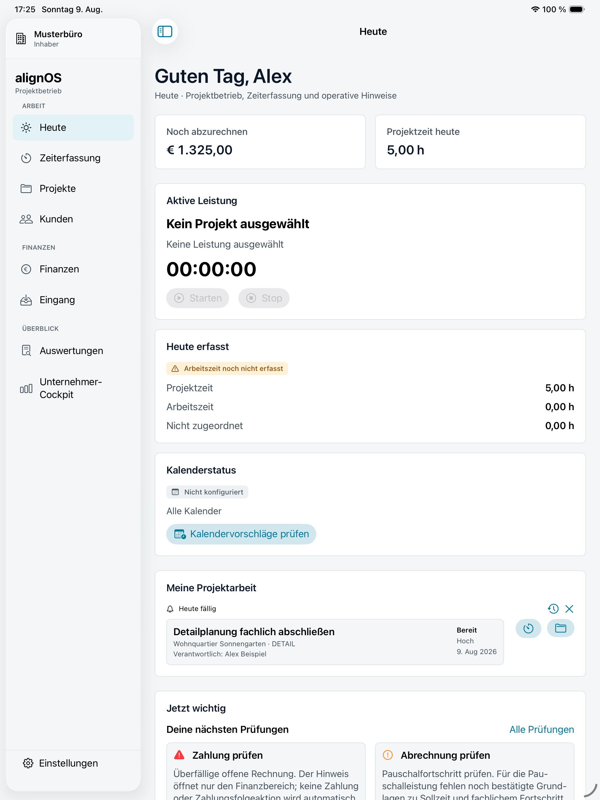 Aktuelle alignOS-Tagesübersicht auf dem iPad mit Projektzeit, Aufgaben und operativen Hinweisen