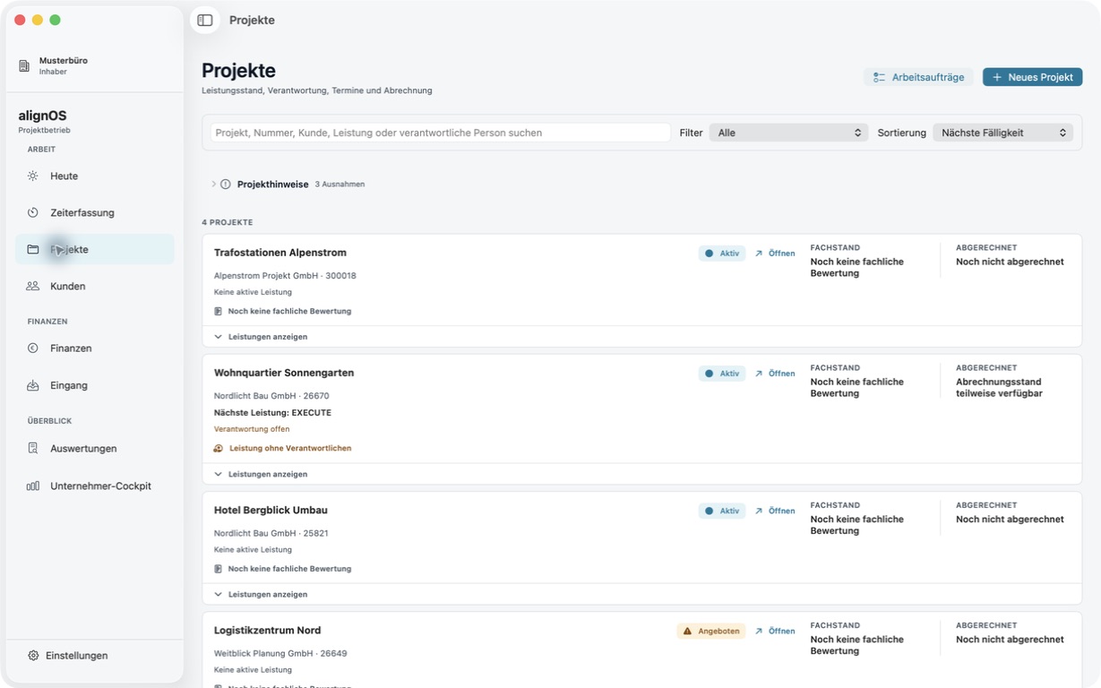 Aktuelle alignOS-Projektübersicht unter macOS mit Projektstatus, Verantwortung, Terminen und Abrechnung